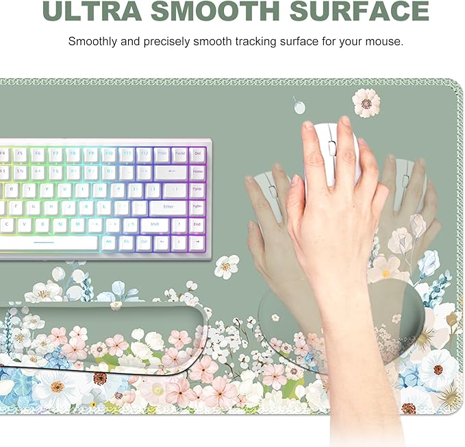 Green Desk Pad Mat Floral Ergonomic Mouse Pad+ Keyboard Wrist Pad+Mouse Wrist Rest Easy Typing Pain Relief 35.4×15.7in Big Keyboard Mat for Home Office