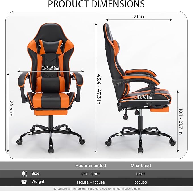 Gaming Chair with Footrest Ergonomic Computer Seating Massage Lumbar Support Height Adjustable PU Leather Reclining Video Game Chairs for Adults Office (Black+Orange)
