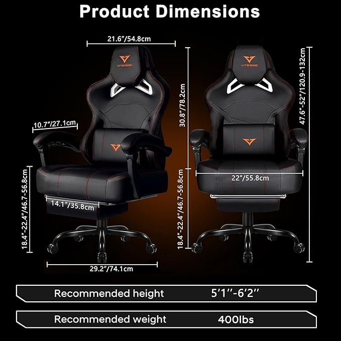 VITESSE Big and Tall Gaming Chair 400lb Weight Capacity with Footrest Ergonomic Video Game Chair for Adults with Oversized Headrest and Lumbar Pillow Computer Chair Gaming for Office (Black+Orange)