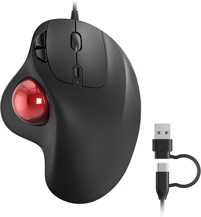 Nulea M509 Trackball Mouse Wired Ergonomic Design Easy Thumb Control Precise &amp Smooth Tracking 2-in-1 Interface (Type A &ampType C) Compatible for PC Laptop Mac Windows(Red).