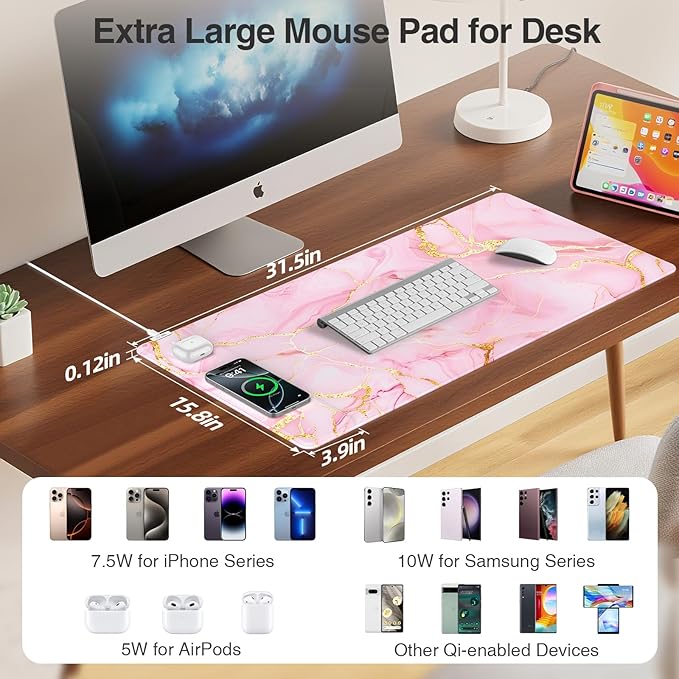 Pink Marble Mouse Pad with 15W Wireless Charging 31.5x15.8 Large Gaming Desk Pad/Mat for Women Girls Waterproof Ultra-Smooth Surface Non-Slip Base with 20W PD Adapter