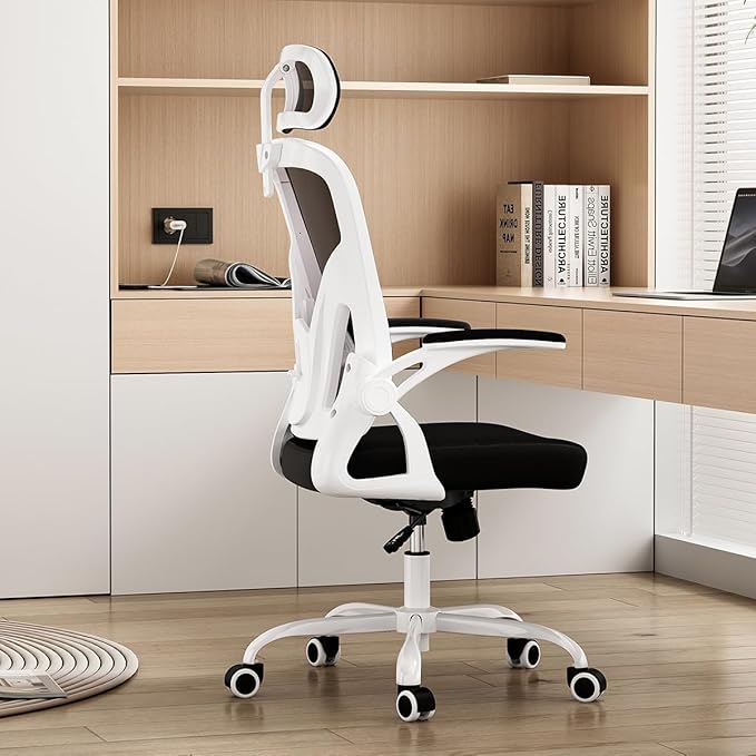 Ergonomic Office Chair with Adjustable Headrest and Flip-Up Armrests - High Back Mesh Computer Desk Chair with Lumbar Support for Home Office Gaming and Study (Black &amp White Model E)