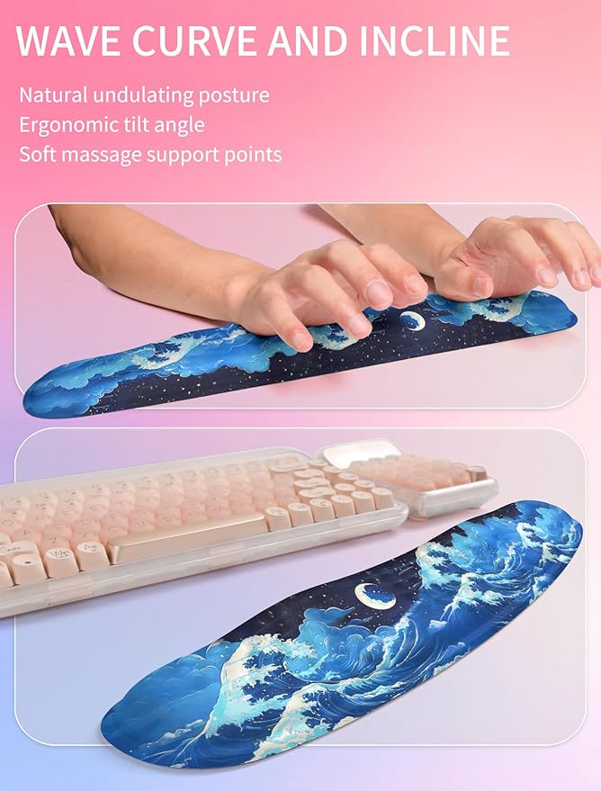 Hokafenle 2in1 Combination Wave Keyboard Wrist Rest and Ergonomic Curvature Mouse Pad Wrist Support for Relieve Wrist Pain Filled with Soft Cushion Memory Foam Crescent Waves