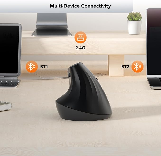 KYSONA Wireless Ergonomic Mouse Vertical Mouse Bluetooth Ergo Mouse Quiet Click 5 Level Adjustable DPI(800/1200/2400/2400/4000) Rechargeable 2.4G Mice Computer PC Mac Laptop Black