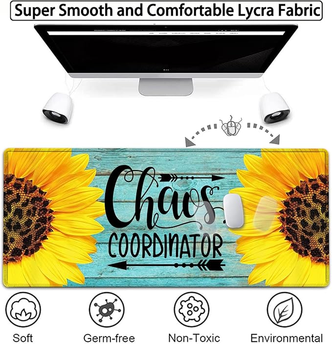 Large Gaming Mouse Pad 31.5x11.8in Extended Computer Mouse Mat with Non-Slip PU BaseErgonomic Memory Foam Keyboard Wrist Restfor Work GamingSunflower Chaos Coordinator Blue Office Desk Pad