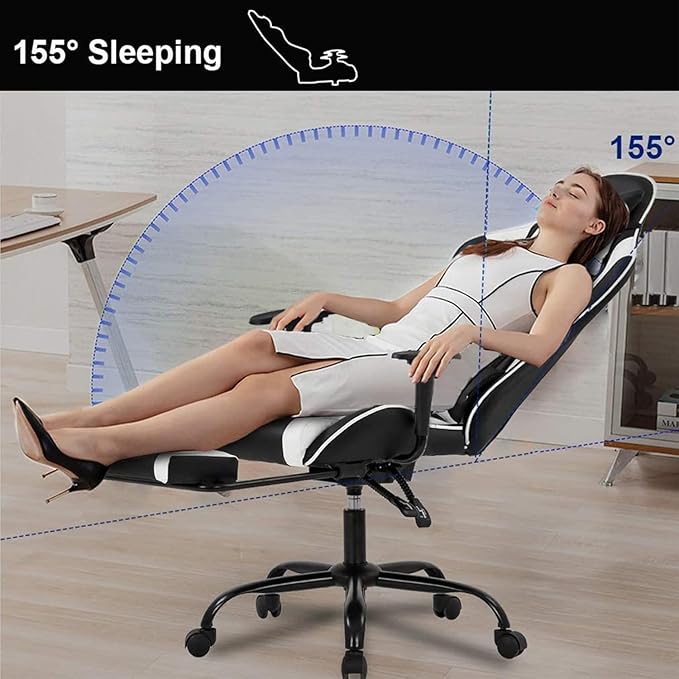 PC Gaming Chair with Footrest Ergonomic Home Office Chair with Lumbar Support &amp Headrest Pillow Height Adjustable Swivel Recliner Racing Computer Video Game Chairs White