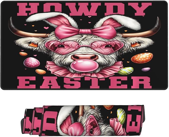 Easter Highland Cow with Bunny Ears Eggs Mouse Pad Non Slip Large Desk Keyboard Mat Gaming Protection Pad 16X29.5 Inch