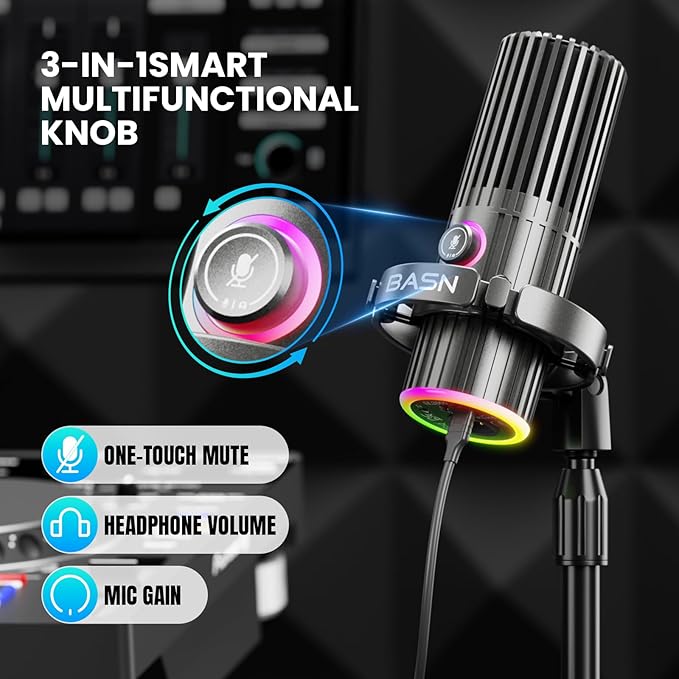 BASN USB/XLR Dynamic Microphone for Podcasting Live Streaming Gaming Recording with RGB Mute Button Headphone Monitoring and MIC Stand (Gray) SL2000