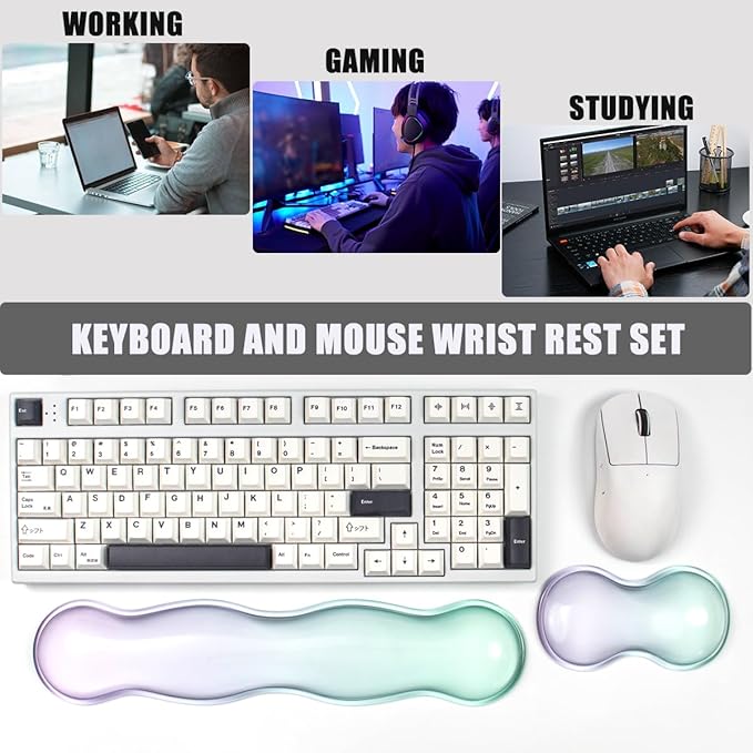 Gel Keyboard and Mouse Wrist Rest Set – Clear Wrist Rest for Computer Keyboard 60%/68%/75% Comfort &amp Support for Typing and Gaming(Purple Green)