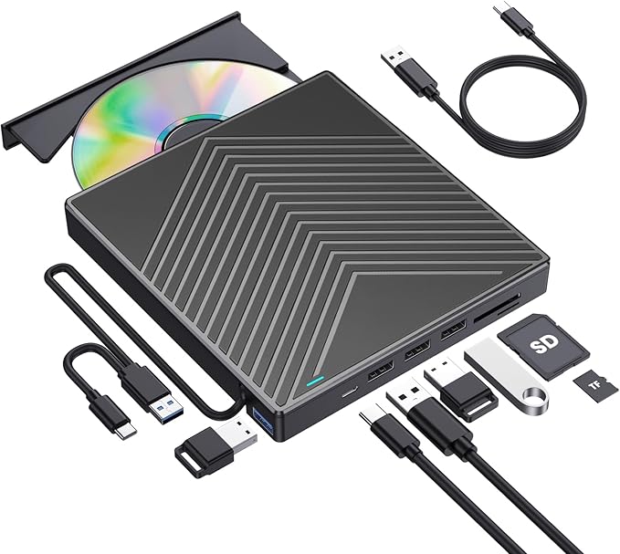 ROOFULL External CD DVD Drive CD Burner DVD Player USB 3.0 with 4 USB Port Hub and 2 SD/TF Card Reader USB-C CD/DVD-ROM +/-RW Disk Drive Adapter Writer for Laptop PC Mac Windows 11/10/8/7 Linux OS