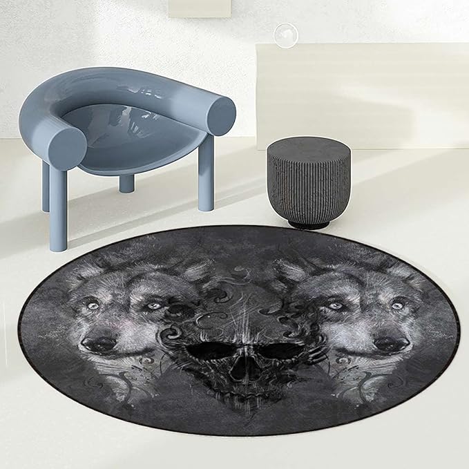 Grey BlackRound Area Rug Abstract Skull Figure Between Two Canine Animals Hardwood Floor Multi-Purpose Soft Mats for Gaming Rolling Chair/Living Room/Study Wolf Diameter 43.3 in