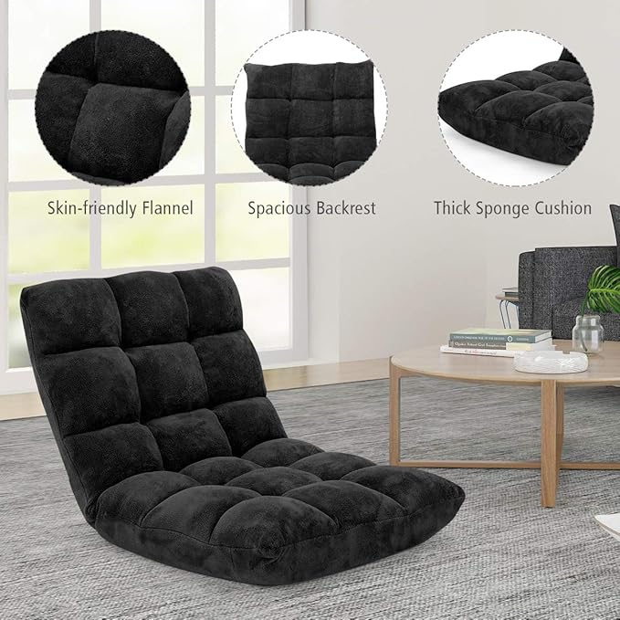 GOFLAME 14-Position Folding Floor Chair Padded Gaming Lazy Sofa Chair with Adjustable Backrest Couch Recliner Sleeper Bed Lounge Chair for Reading Gaming Meditating (Black)