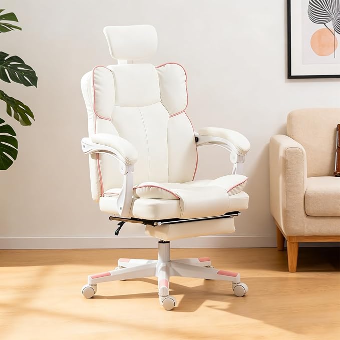 Gaming Chair with Footrest Modern Computer Gaming Chair High Back Ergonomic Reclining Swivel PU Leather Racing Seat for Adults Home Office White