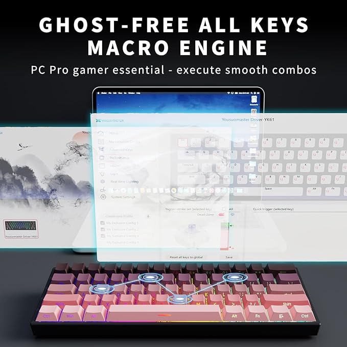 Mini 60% Mechanical Gaming Keyboard Wired YK61 Hall Effect Magnetic Switch Adjustable Actuation Rapid Trigger Mode 8K Hz Polling Rate Hot-Swap 61 Keys RGB Backlit Side Printed PBT Keycaps