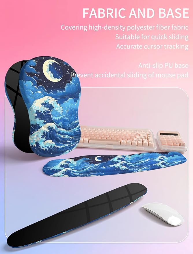 Hokafenle 2in1 Combination Wave Keyboard Wrist Rest and Ergonomic Curvature Mouse Pad Wrist Support for Relieve Wrist Pain Filled with Soft Cushion Memory Foam Crescent Waves