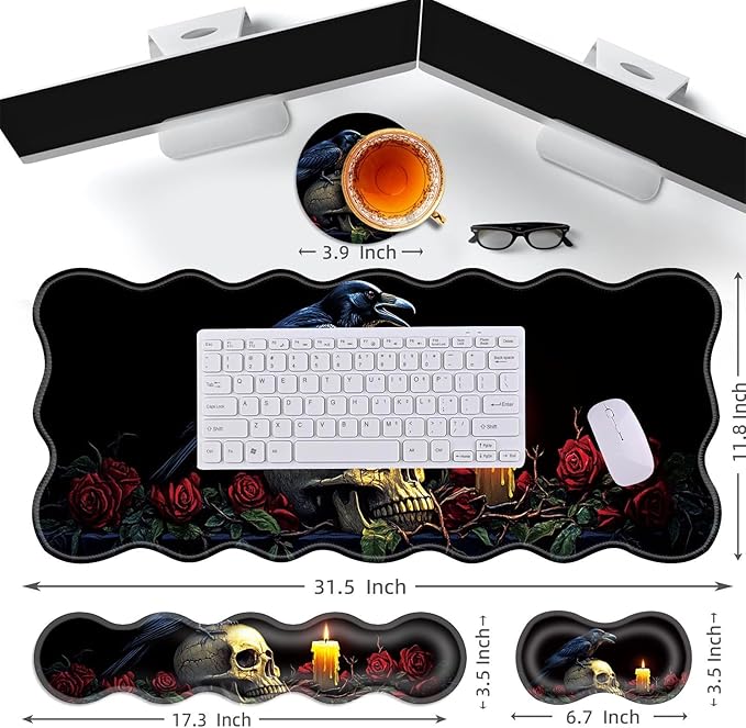 Large Gaming Mouse Pad Keyboard Wrist Rest Pad &amp Wrist Support Mousepad Set Stitched Edge Extended Non-Slip Base Memory Foam Desk Mat for Office HomeRaven on Skull