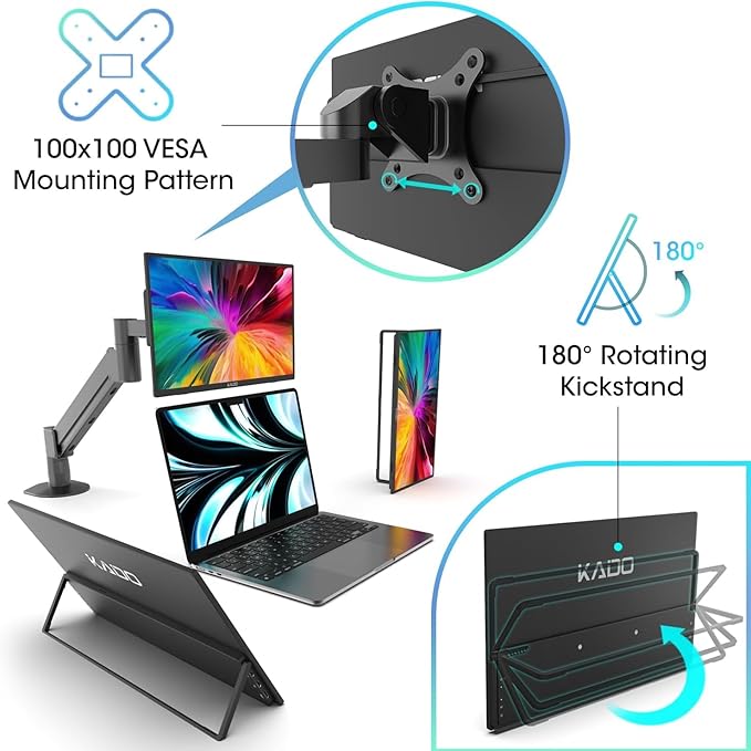 Kado Portable Monitor 15.6-Inch FHD 1080p 45W Reverse Charging USB-C mini-HDMI Gaming Monitor IPS Display Built-in Speakers Second Display 180° Kickstand for Laptop PC Phone Mac Xbox PS4/PS5 Switch