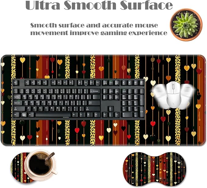 Ergonomic Keyboard Wrist Rest &amp Mouse Pad Wrist Rest SetXL Gaming Desk Mat 31.5x 11.8Non-Slip BaseMemory FoamEasy Typing Pain Relief for Office &amp HomeHearts and Leopard Print