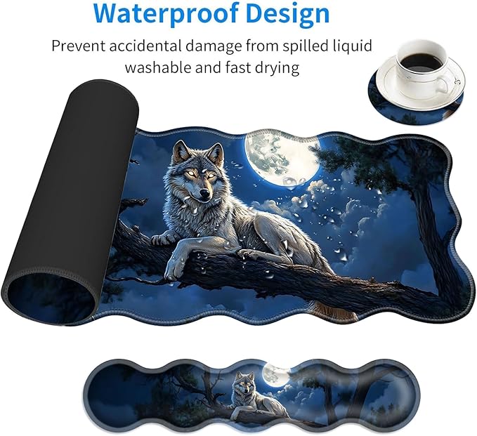 Large Mouse Pad and Keyboard Wrist Rest Desk Pad for Keyboard and Mouse 4-in-1 Large Gaming Mouse Pad with Wrist Support Desk Mat for Home Office Study Game-Wolf in The Moonlight