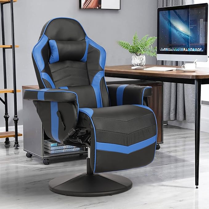 Gaming Chair Reclining Gaming Chair with Footrest PU Leather Game Chair Recliner with Massage Swivel Recliner Gaming Chairs for Adults with Cup Holder Lumbar Support Side Pouch (Blue)