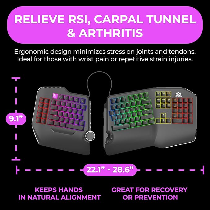 Cloud Nine C989M Ergonomic Mechanical Keyboard for PC - Kailh Tactile Brown Switches - RGB Light Up LED Backlit with USB - Ergo Split Key Board with Macro