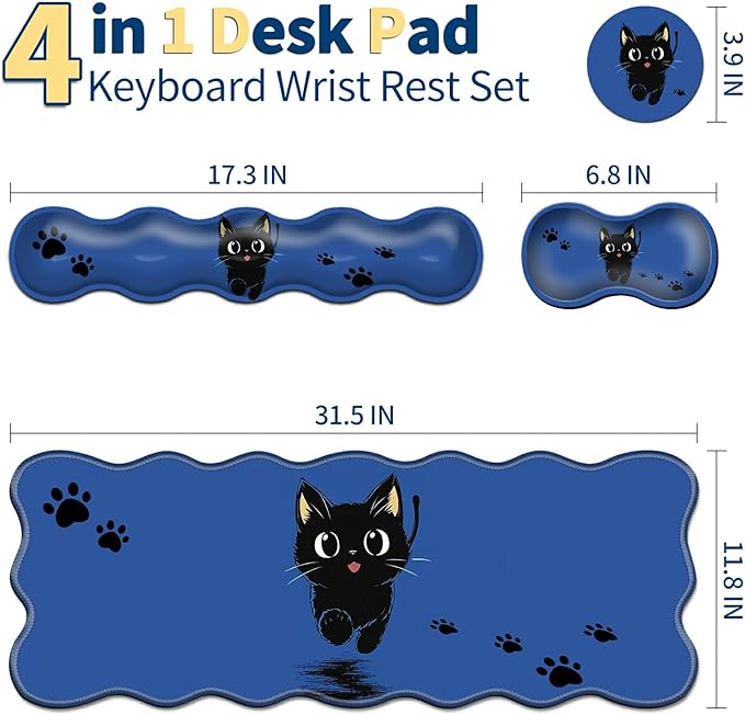 4-in-1 XXL Gaming Mouse Pad Set (31.5x11.8) with Keyboard Wrist RestMouse Wrist Support &amp CoasterNon-Slip Desk Mat for Office、Home、GamingCute Black Cat