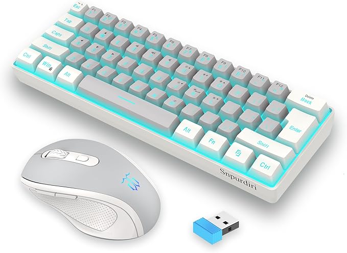Snpurdiri 2.4G Wireless Gaming Keyboard and Mouse Combo Include Mini 60% Mechanical Feel RGB Backlit Keyboard Ergonomic Vertical Feel Small Wireless Mouse(White and Grey)
