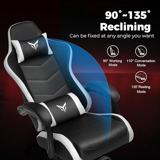 GTPLAYER Gaming Chair Video Game Chairs Racing Style PC Game Chairs 350lbs for Adults - Padded High Back Ergonomic Reclining Silla Gamer Linkage ArmrestWhite