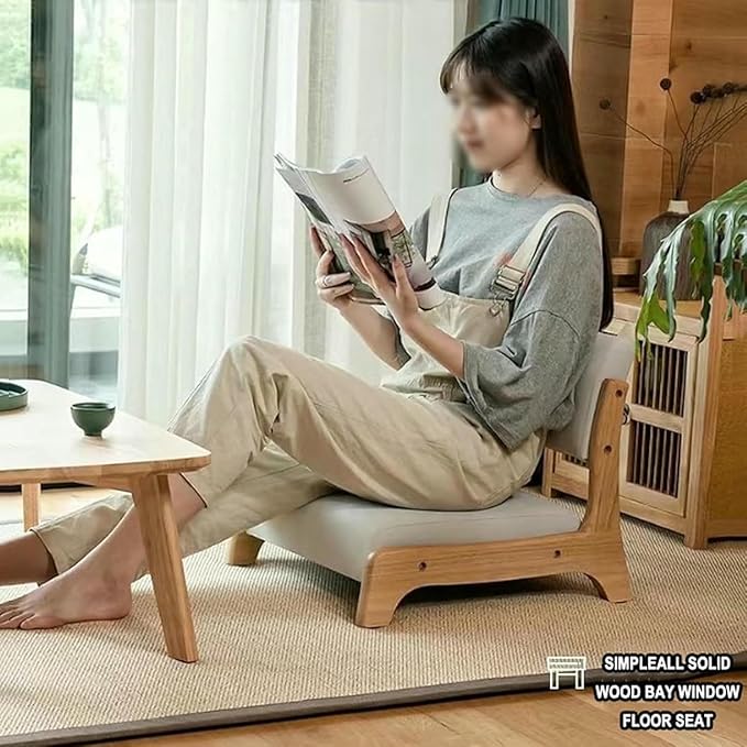 ELEFOCUS Japanese Floor Chair with Back SupportLow-Back Meditation Floor Seat with Soft CushionPortable Timber Armless Tatami Chair(Green Cotton B)