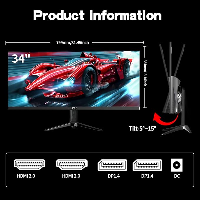 PIJ Gaming Monitor 34 inch IPS 165Hz Ultrawide PC Screen 3440×1440P Ultra-Thin Zero Frame Computer Display for Home Office Business DP HDMI Wall-Mounted Black