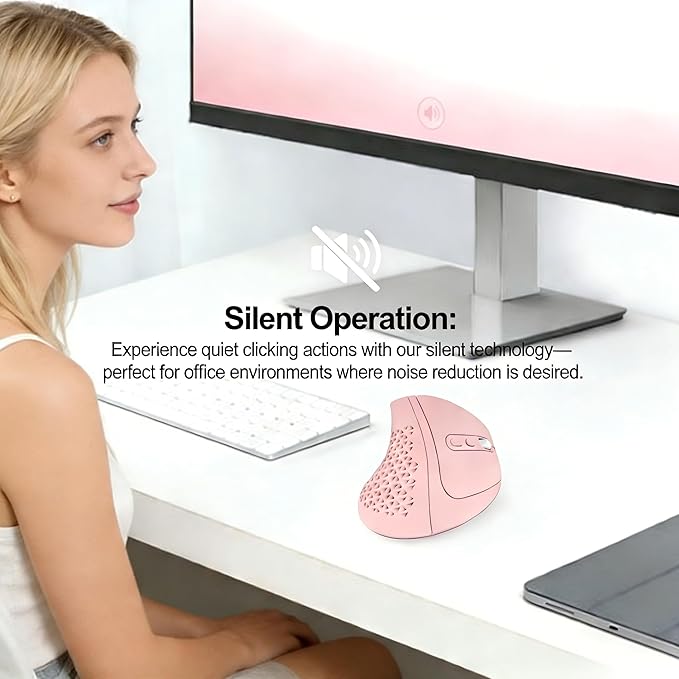 Bluetooth Wireless Dual-Mode Vertical Mouse - Silent Click Ergonomic Comfort for Office &amp Home Use Rechargeable with LED Breathing Light Compatible with Multiple Devices (Pink)