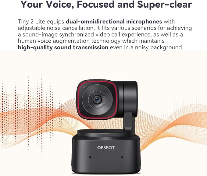 OBSBOT Tiny 2 Lite PTZ 4K Webcam 1080p@60fps HDR with AI Tracking Privacy Cover Microphone 1/2 Sensor USB2.0 Plug&ampPlay for Conferencing Live Streaming Compatible with Skype/YouTube/Team