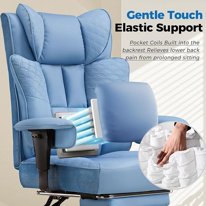 GTPLAYER Big and Tall Office Chair 400LBS Wide Ergonomic Gaming Chair with Deluxe Embossing Designed Leather with Foot Rest150°Reclining Adjustable Soft Armrests Pocket Spring Back Support and Pillow