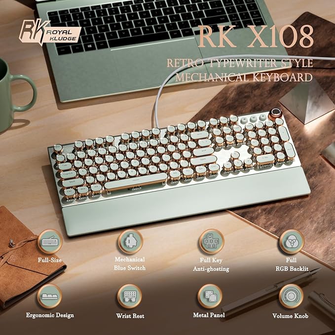 RK ROYAL KLUDGE X108 Typewriter Style Mechanical Keyboard Wired Gaming Keyboard 108 Keys RGB Backlit Sidelight Detachable Wrist Rest Volume Knob Retro Round Keycaps Blue Switches - Green