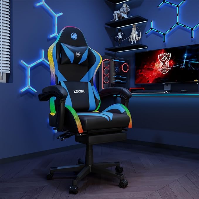 Gaming Chairs for Adults Tall and KidsLumbar SupportLED LightsHigh Back Reclining Computer Chair with Headrest (Black+Blue)