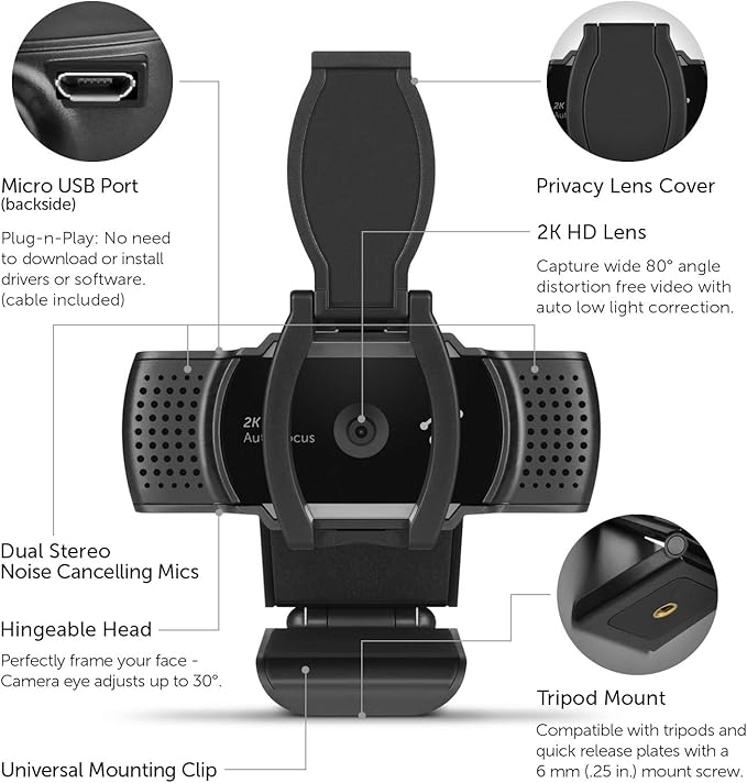 Aluratek 2K HD Webcam with Dual Stereo Noise Cancelling Mics Auto Focus and Low Light Correction Built-in Tripod Mount Universally Compatible