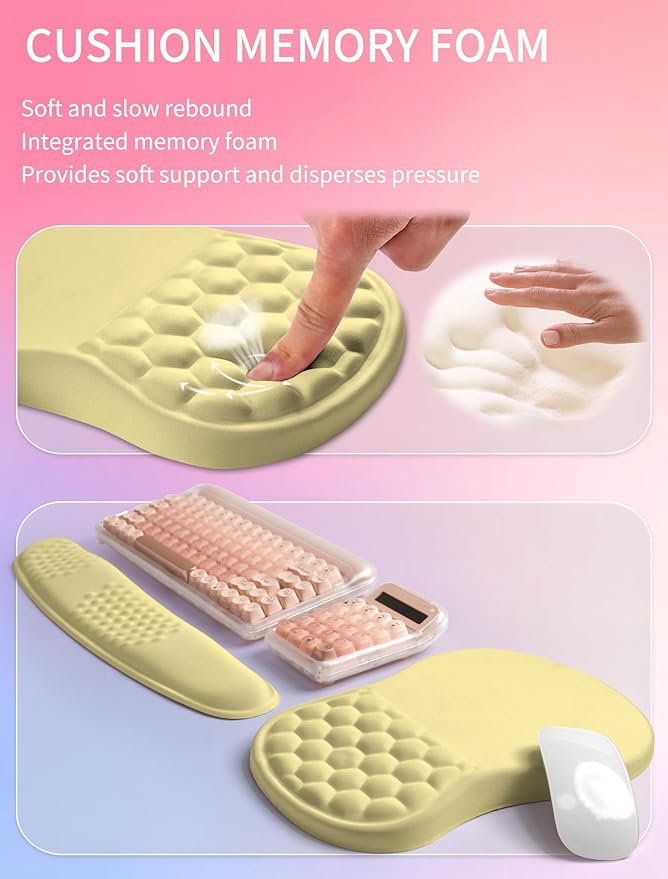 Hokafenle 2in1 Combination Wave Keyboard Wrist Rest and Ergonomic Curvature Mouse Pad Wrist Support for Relieve Wrist Pain Filled with Soft Cushion Memory Foam Butter Yellow