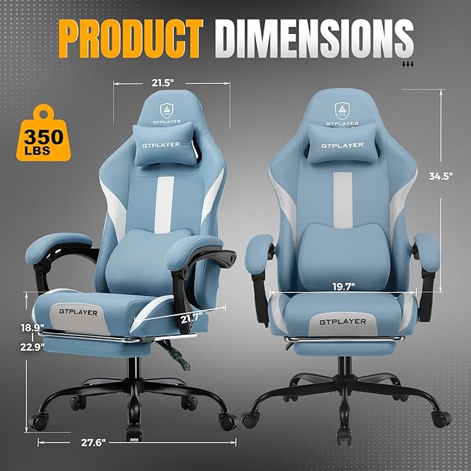 GTPLAYER Gaming Chair with Foot Rest &amp Pocket Spring Cushion Ergonomic High Back Computer Desk Chair with Headrest &amp Lumbar Support for Back Pain Relief Breathable Fabric Blue