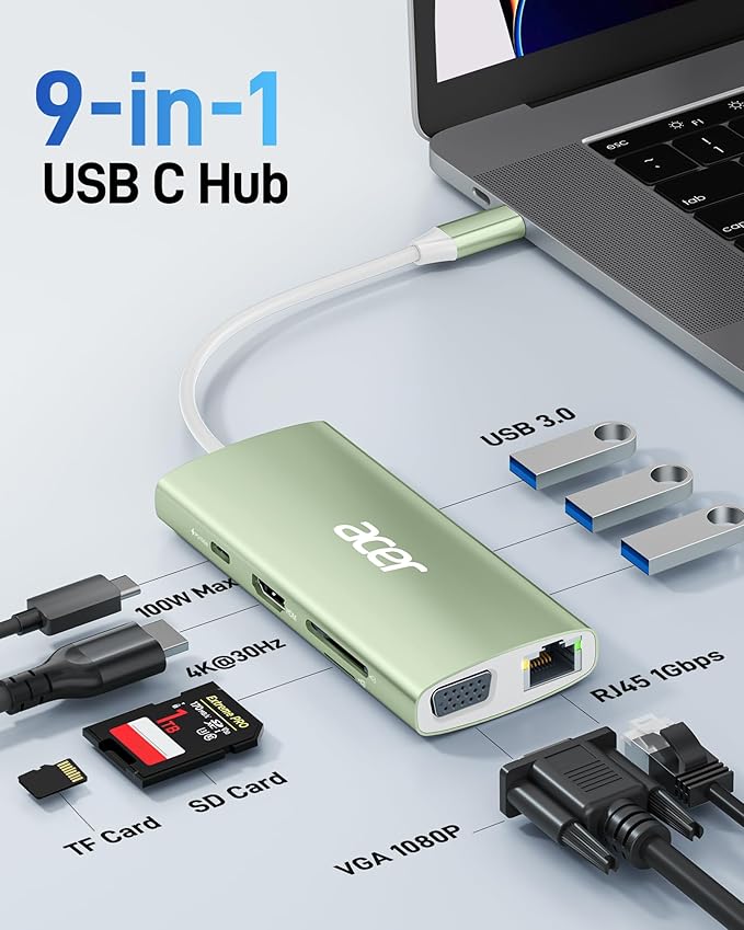 Acer USB C Hub with 4K HDMI 9-in-1 USB C to Ethernet Adapter 5Gbps USBA 3.0 Docking Station VGA Splitter SD Card Reader PD 100W Charging for MacBook Acer Laptops Surface and More (Green)