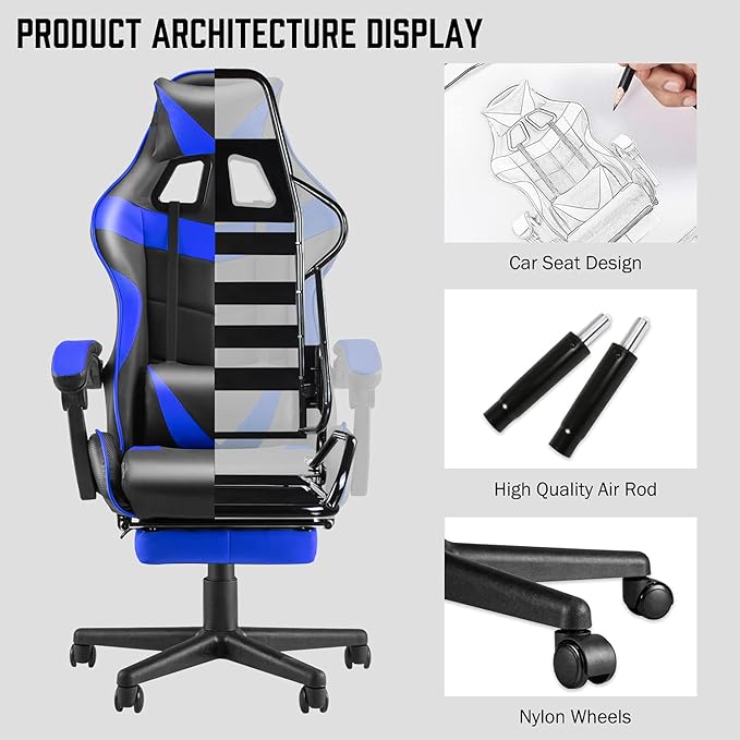 Huracan Gaming Computer Chair with Footrest Adjustable Video Game Chairs for Adults Heavy Duty Office Chair with Headrest and Lumbar Support Blue
