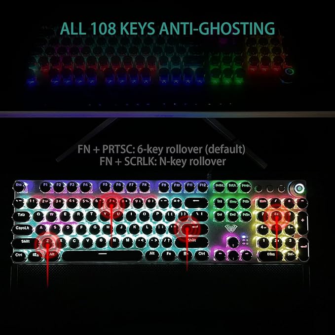 AULA F2088 Typewriter Style Mechanical Gaming Keyboard WiredBlue SwitchesRainbow LED BacklitRemovable Wrist RestMedia Control KnobRetro Punk Round KeycapsUSB Wired Computer Keyboard