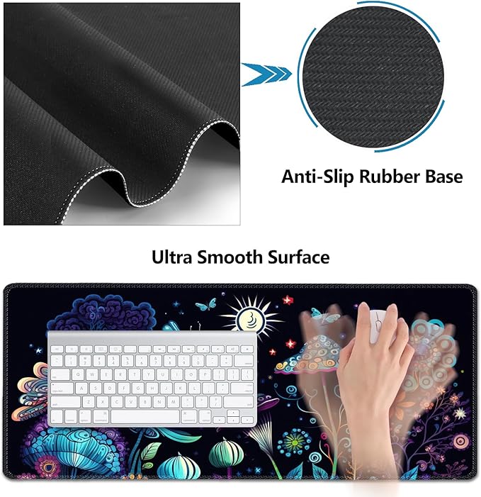 AIMSA Large Gaming Mouse Pad Set Keyboard Wrist Rest Support+ Extended Mousepad+ Mouse Wrist Cushion+Coaster Ergonomic Multifunctional Desk Mat 35x15.7in Colorful Abstract Mushrooms