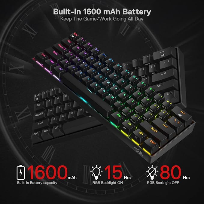Redragon K530 Pro Draconic 60% Wireless RGB Mechanical Keyboard BT/2.4Ghz/Wired 3-Mode 61 Keys Compact Gaming Keyboard w/Hot-Swap Socket Free-Mod Plate Mounted PCB &amp Clicky Blue Switch