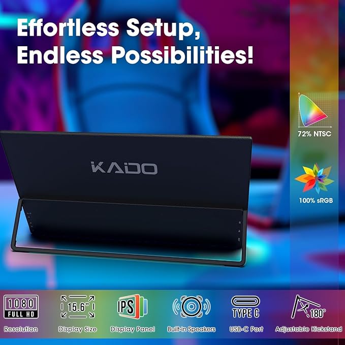 Kado 15.6 1080p 75Hz Portable Monitor for Laptop 100% sRGB FHD 45W Reverse Charge HDMI USB-C Second Display IPS Laptop Screen Extender 180° Kickstand for PC Mac Dex Tablet Xbox PS4/PS5 Switch