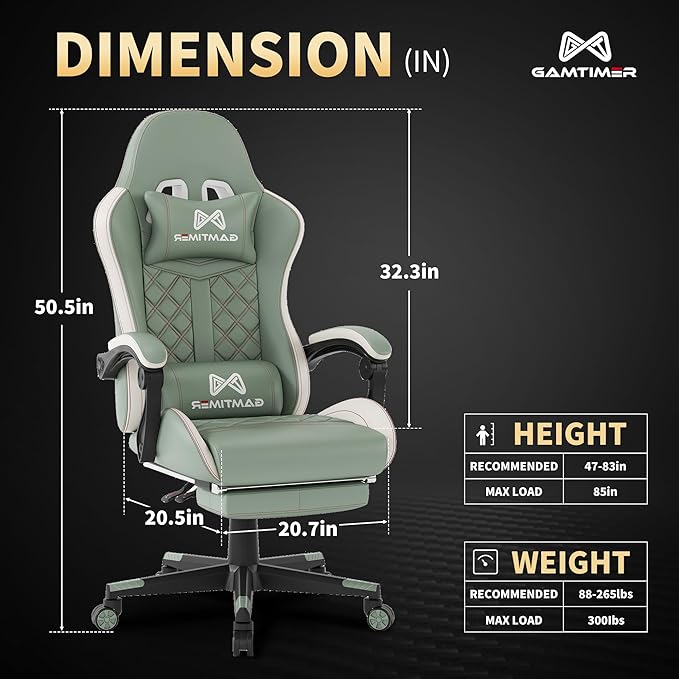 Gaming Chair 400 lbs Adult Chair High Back Computer Chair with Footrest and Linked Armrests Office Video Game Chair with Lumbar Support (Green)