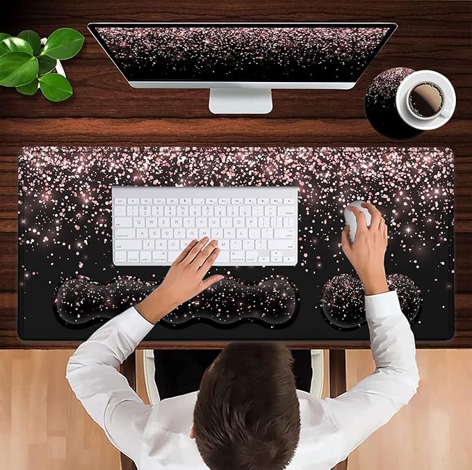 Large Gaming Mouse Pad (31.5x11.8 in) Rubber Base XXL Mousepad with Stitched Edges Ergonomic Keyboard Wrist Rest Extended Mouse Mat Desk Pad for Work Game Office Rose Gold Glitter Black Mousepad