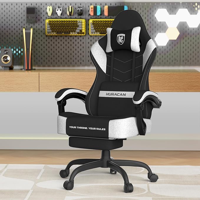 Ferghana Cotton Fabric Gaming Chair with Wider Seat Cushion Shield-Shaped Embroidery Ergonomic High Back Game Chair with Footrest Computer Chair with Massage Lumbar Support for Adult Black/White