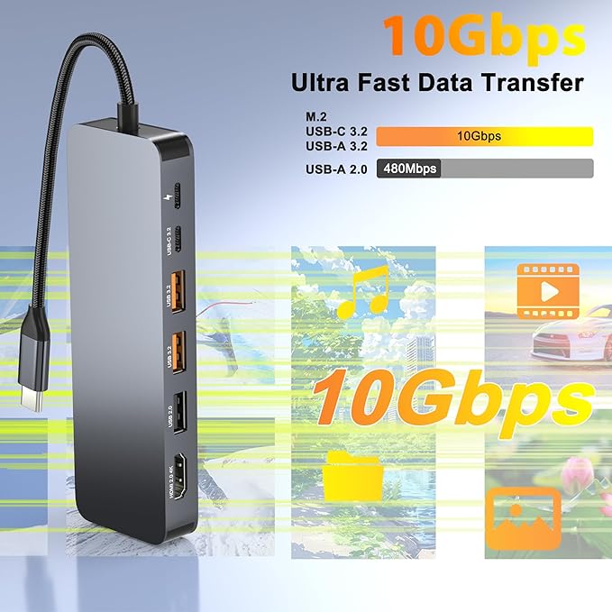 USB C Docking Station with M.2 NVMe SSD Enclosure 10Gbps 9 in 1 USB-C Hub Type C SSD Slot with 4K@60Hz HDMI USB 3.2 Gen2 PD100W SD/TF Card Reader Laptop Docking Station for Dell/HP/Lenovo/Mac