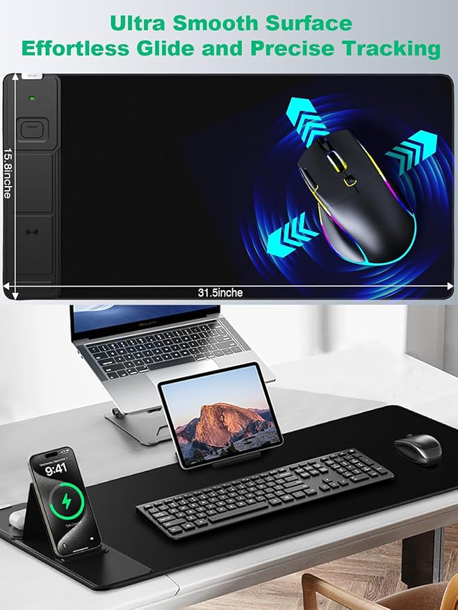 Mouse Pad with Foldable Phone Holder Wireless Charging Desk Mat 31.5x15.8 Large Mousepad with Superior Micro-Weave Cloth XXL Desk Pad with Non-Slip Waterproof Keyboard Pad for Home &amp Office