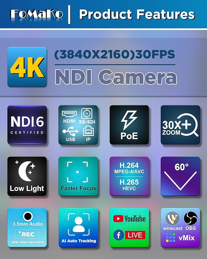 FoMaKo K30NS 4K 30x Optical Zoom PTZ Camera with NDI 6 &amp NDI HX3 AI Auto-Tracking Gen 3 3G-SDI/LAN/USB3.0/HDMI – Professional Live Streaming Camera for Church Worship Education &amp Conferenc